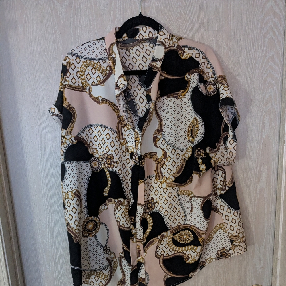 SHEIN Geometric Print Blouse - Black, Gold, Cream
